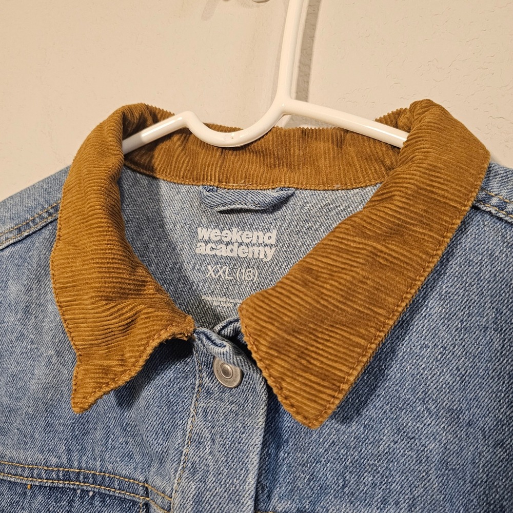 Light Blue Denim Jacket with Brown Corduroy Collar - Picture 5 of 6